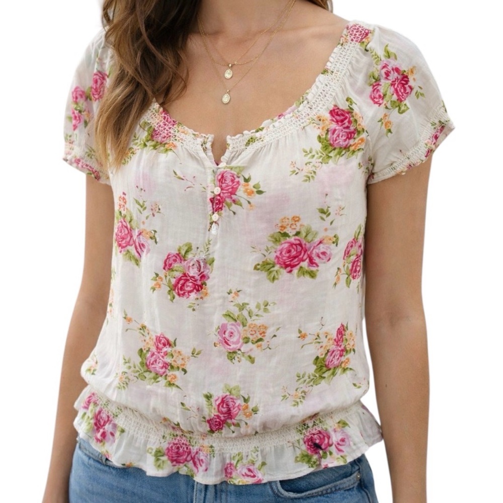 Abercrombie Kids XL White Pink Floral Sheer Boho Festival Smoked Ruffle Top EUC